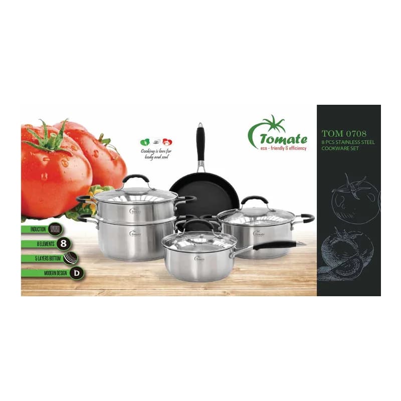 Bộ nồi chảo xửng hấp Inox 304 cao cấp 8 món Tomate TOM 0708 chính hãng Tomate