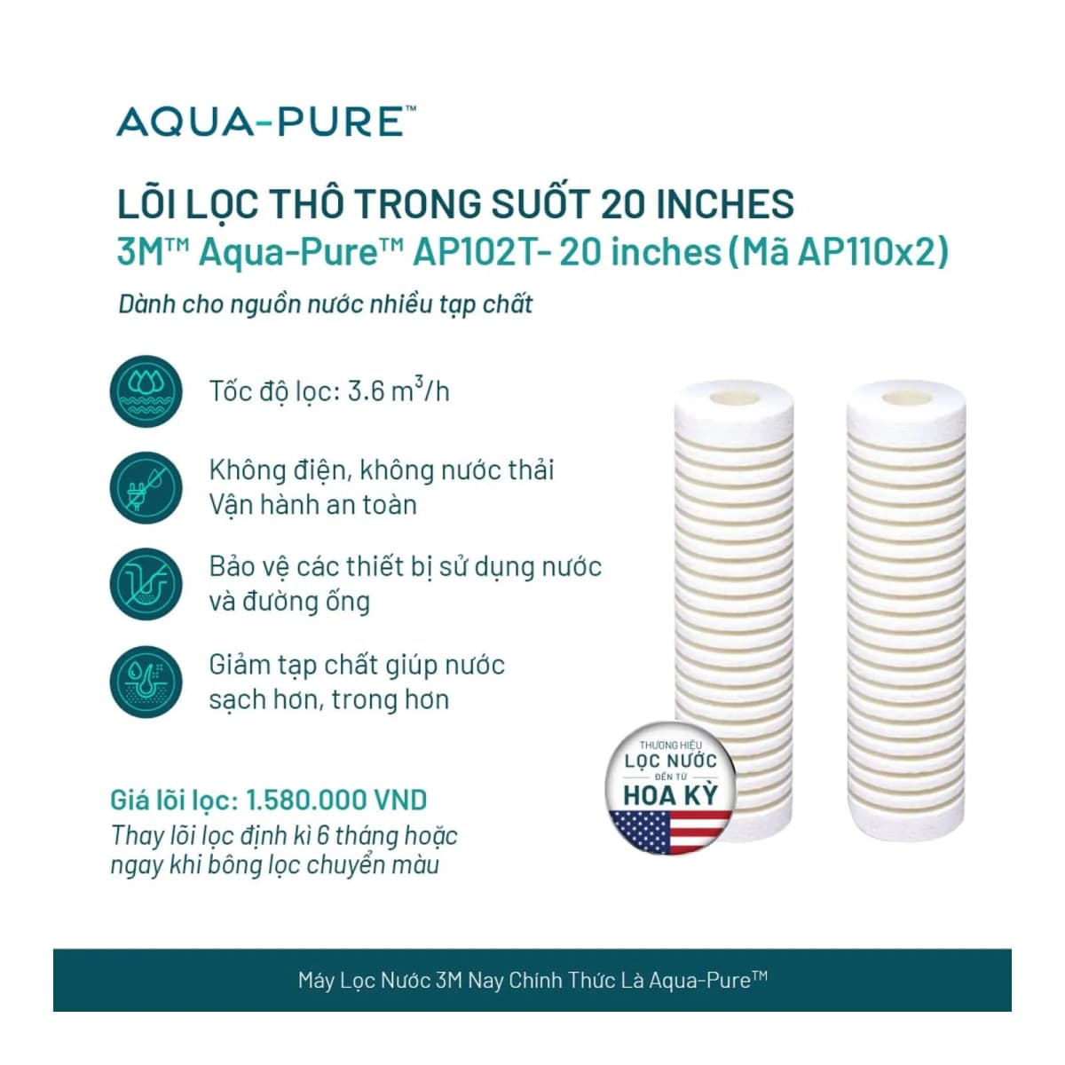 Lõi Thay Cho Bộ Lọc Thô 3M™ Aqua-Pure™ AP102T - 20 inches (Mã AP110x2) chính hãng 3M Aqua-Pure
