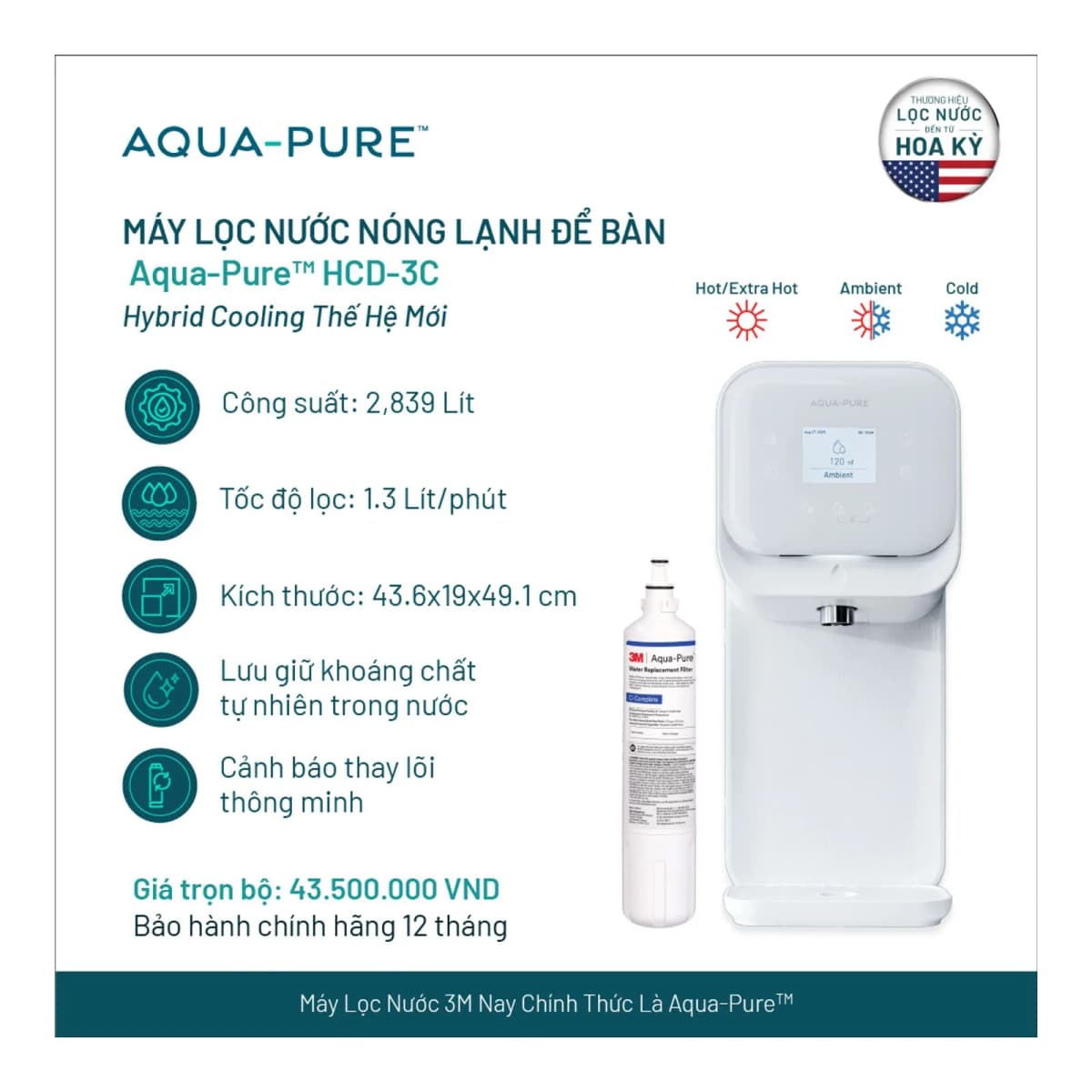 Máy Lọc Nước Nóng Lạnh Để Bàn Cao Cấp Aqua-Pure™ HCD-3C chính hãng 3M Aqua-Pure