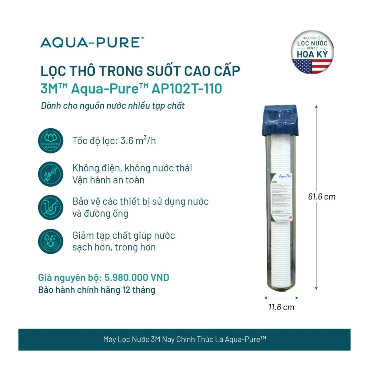 Lọc Thô Trong Suốt 3M™ Aqua-Pure™ AP102T - Xử Lý Tiền Lọc chính hãng 3M Aqua-Pure