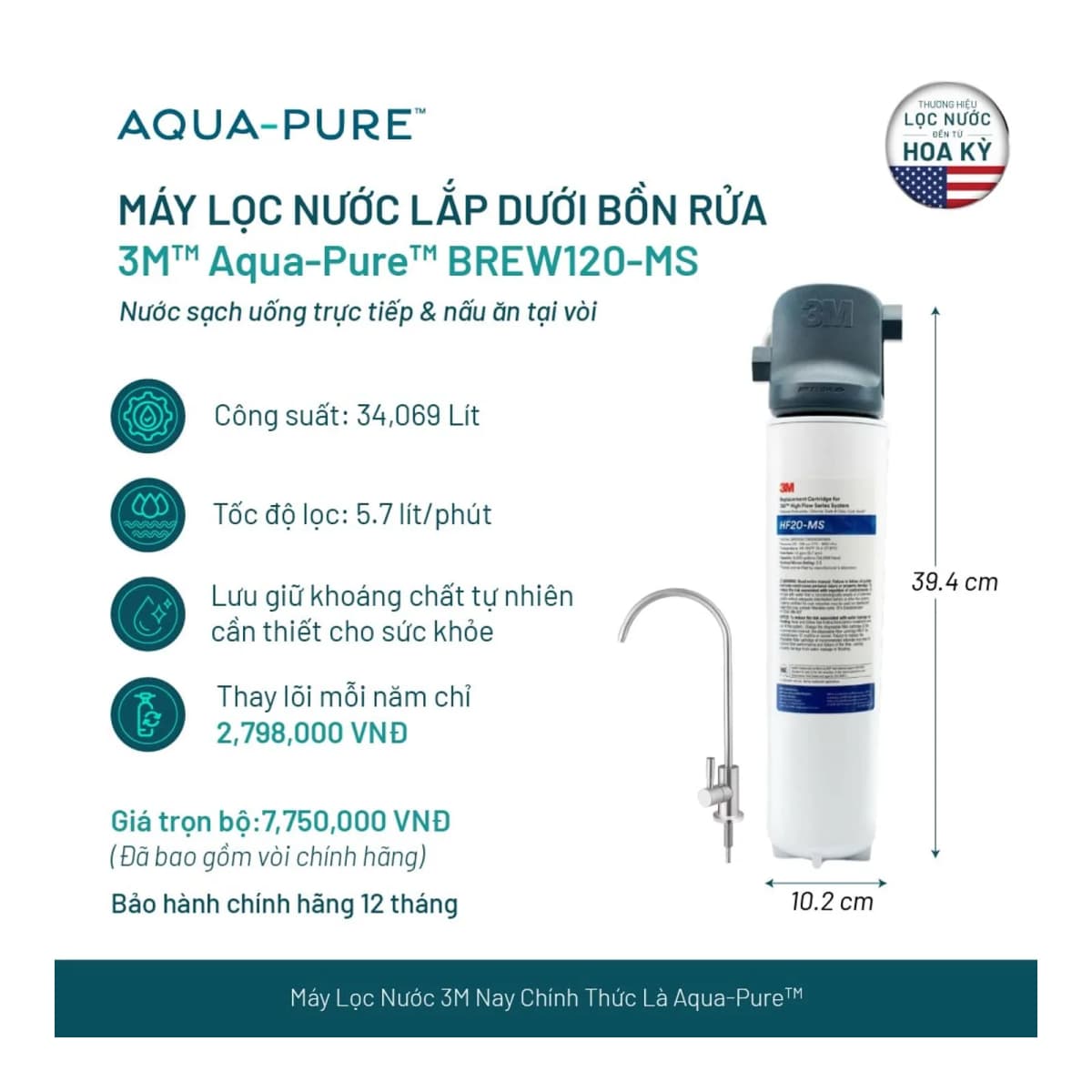 Máy Lọc Nước Lắp Dưới Bồn Rửa 3M™ Aqua-Pure™ BREW120-MS Kèm Vòi chính hãng 3M Aqua-Pure