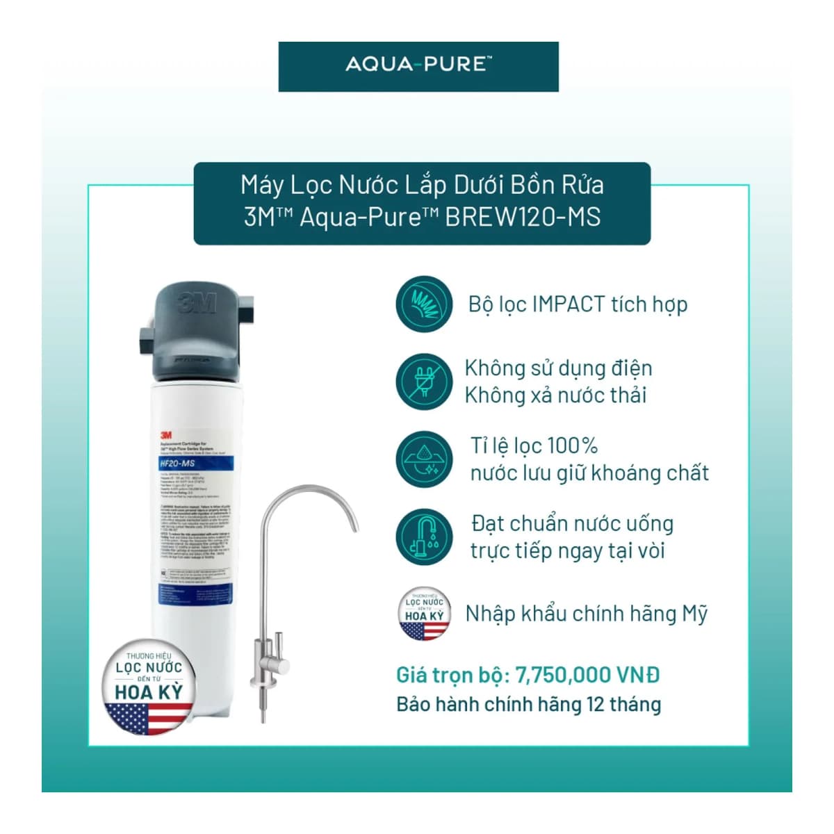 Máy Lọc Nước Lắp Dưới Bồn Rửa 3M™ Aqua-Pure™ BREW120-MS Kèm Vòi chính hãng 3M Aqua-Pure