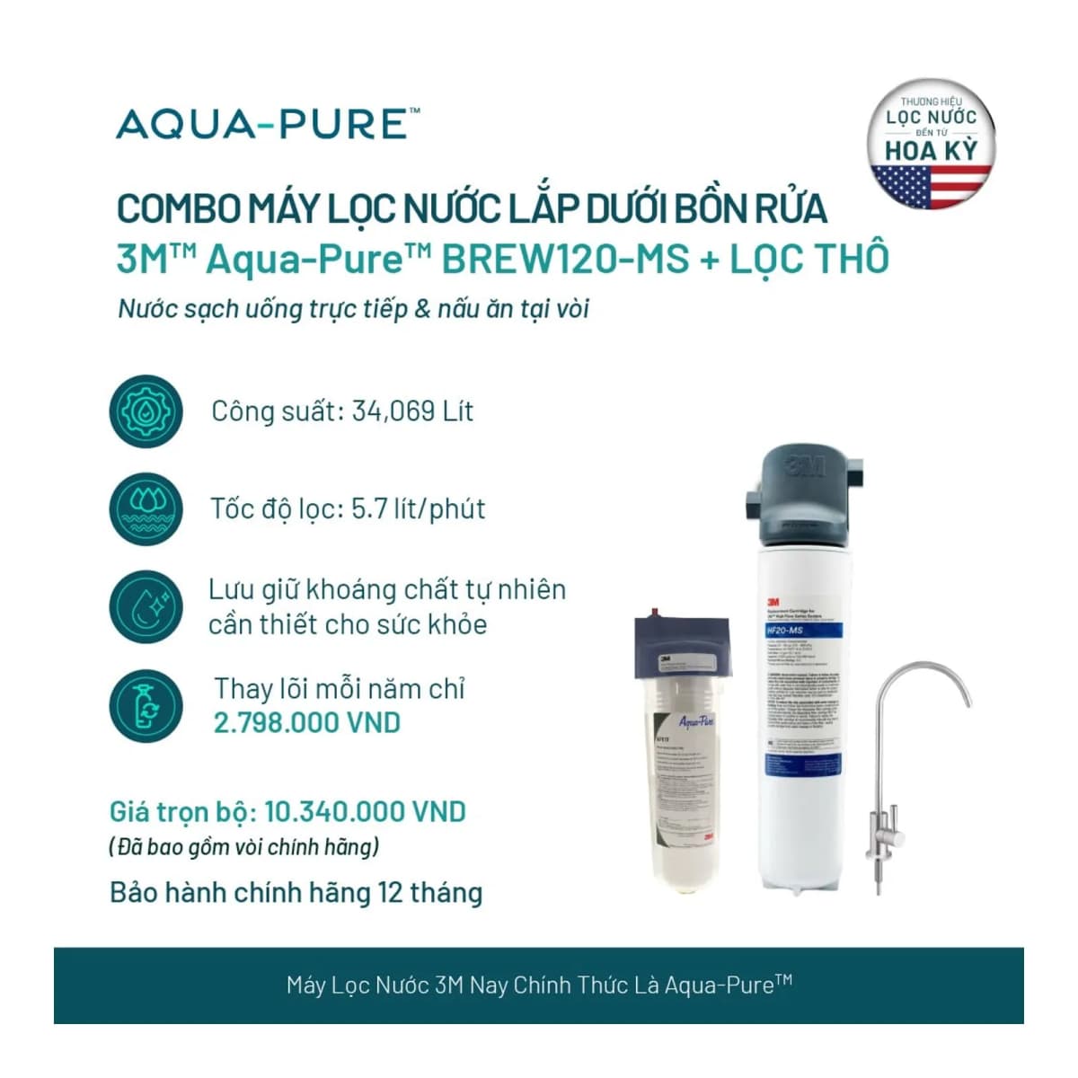 Bộ Sản Phẩm Máy Lọc Nước Lắp Dưới Bồn Rửa 3M™ Aqua-Pure™ BREW120-MS Kèm Lọc Thô Cao Cấp chính hãng 3M Aqua-Pure