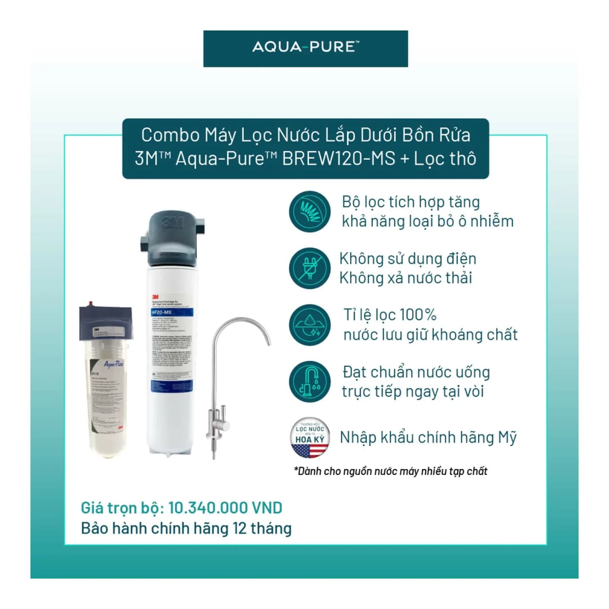 Bộ Sản Phẩm Máy Lọc Nước Lắp Dưới Bồn Rửa 3M™ Aqua-Pure™ BREW120-MS Kèm Lọc Thô Cao Cấp chính hãng 3M Aqua-Pure