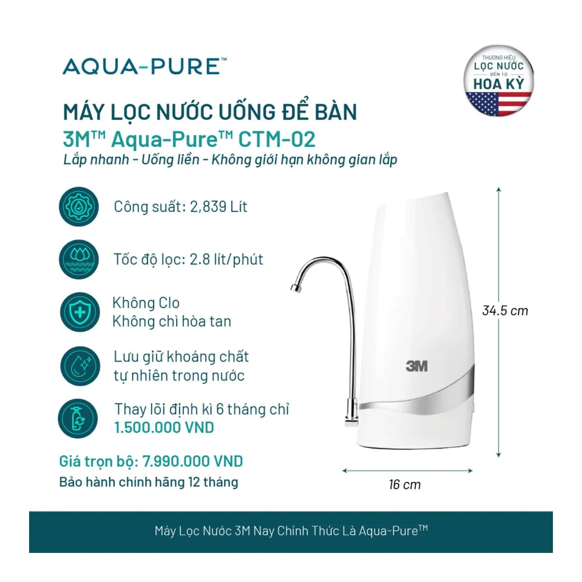 Máy Lọc Nước Uống Để Bàn Không Dùng Điện 3M™ Aqua-Pure™ CTM-02 chính hãng 3M Aqua-Pure