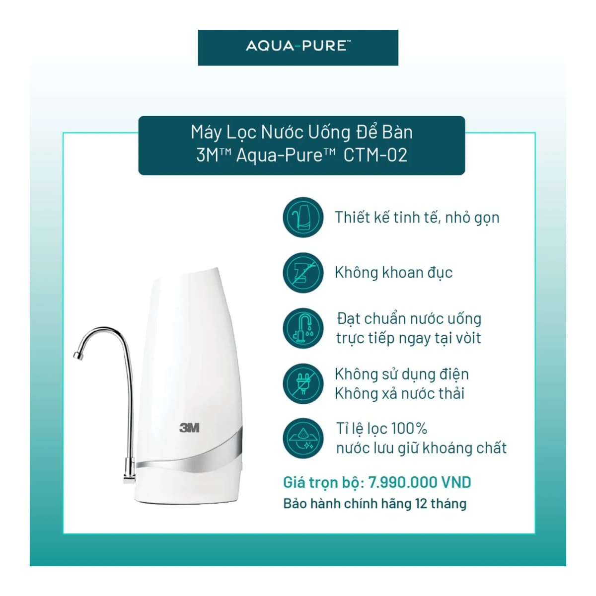 Máy Lọc Nước Uống Để Bàn Không Dùng Điện 3M™ Aqua-Pure™ CTM-02 chính hãng 3M Aqua-Pure