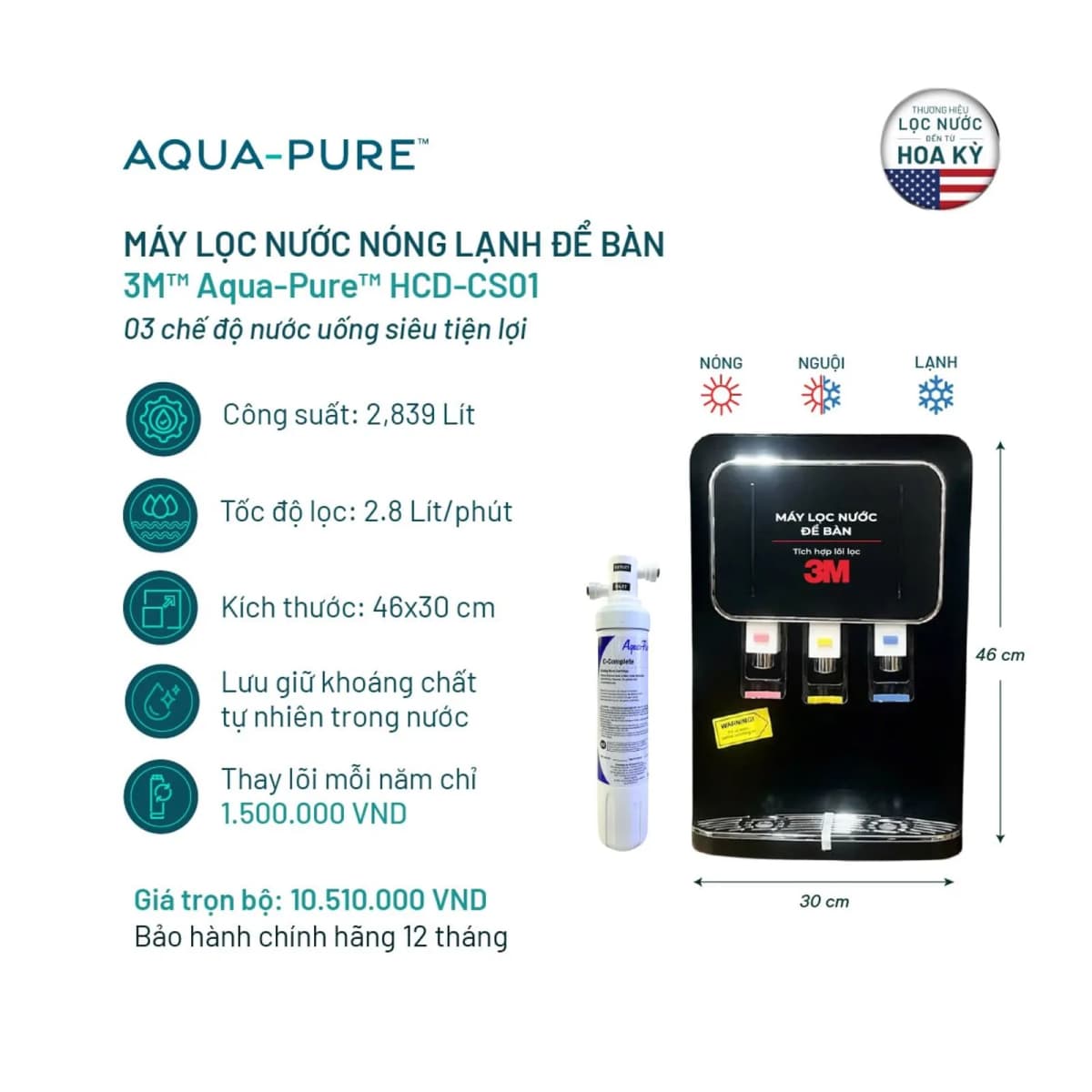Máy Lọc Nước Nóng Lạnh Để Bàn 3M™ Aqua-Pure™ HCD-CS01 chính hãng 3M Aqua-Pure
