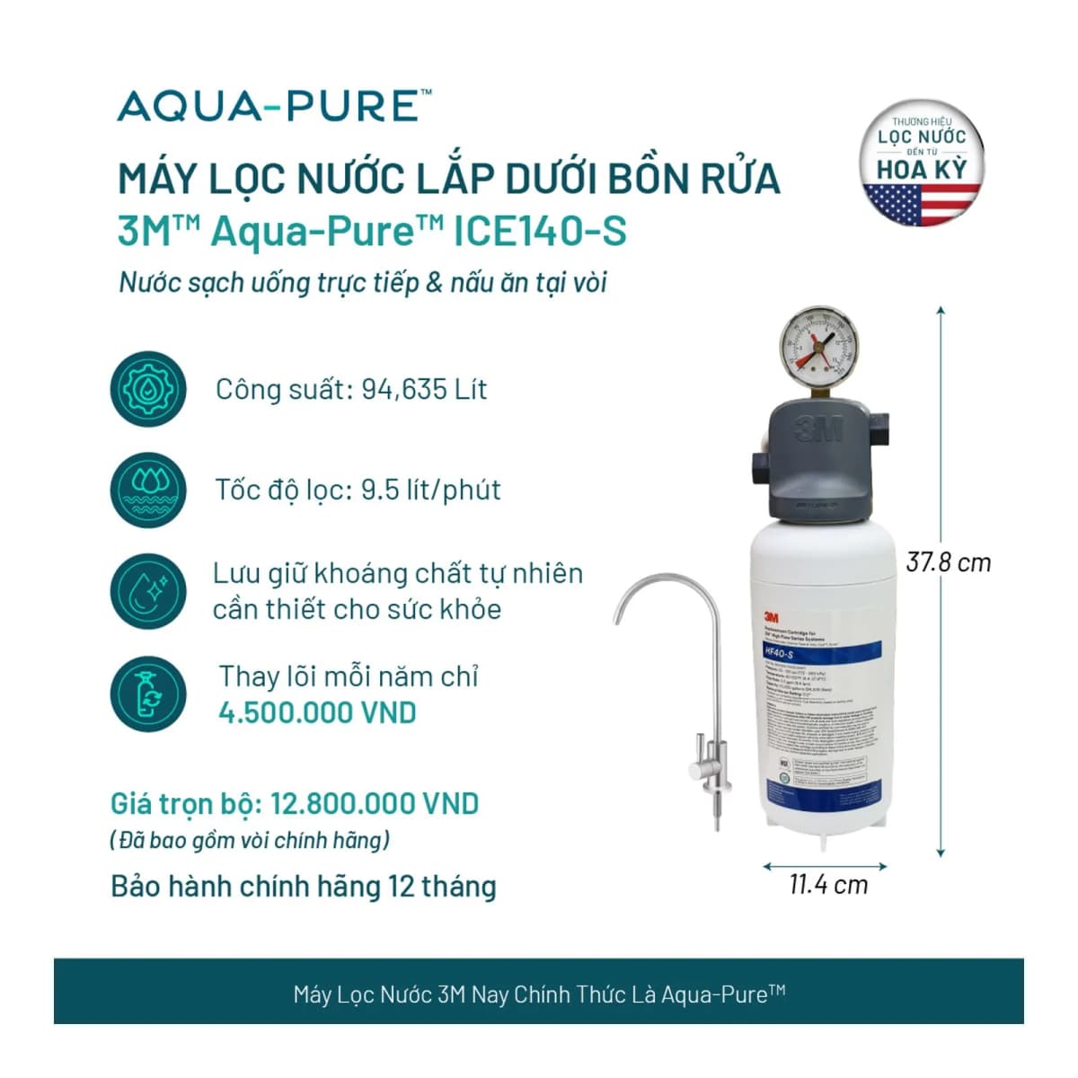 Máy Lọc Nước Lắp Dưới Bồn Rửa 3M™ Aqua-Pure™ ICE140-S Kèm Vòi chính hãng 3M Aqua-Pure