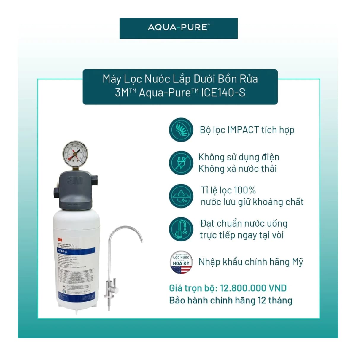 Máy Lọc Nước Lắp Dưới Bồn Rửa 3M™ Aqua-Pure™ ICE140-S Kèm Vòi chính hãng 3M Aqua-Pure