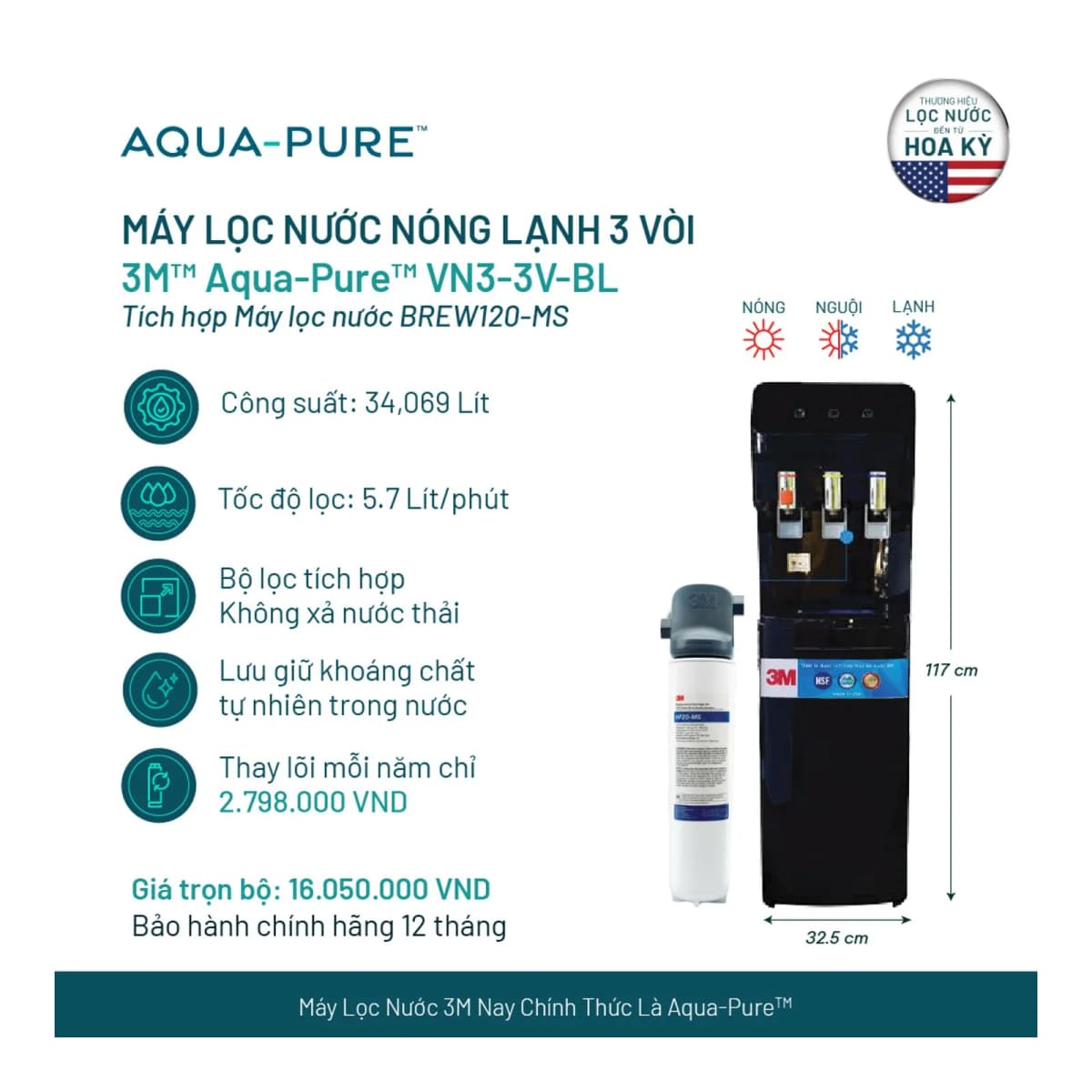 Cây Lọc Nước Nóng Lạnh VN3-3V-BL (Tích Hợp Máy Lọc Nước 3M BREW120-MS) chính hãng 3M Aqua-Pure
