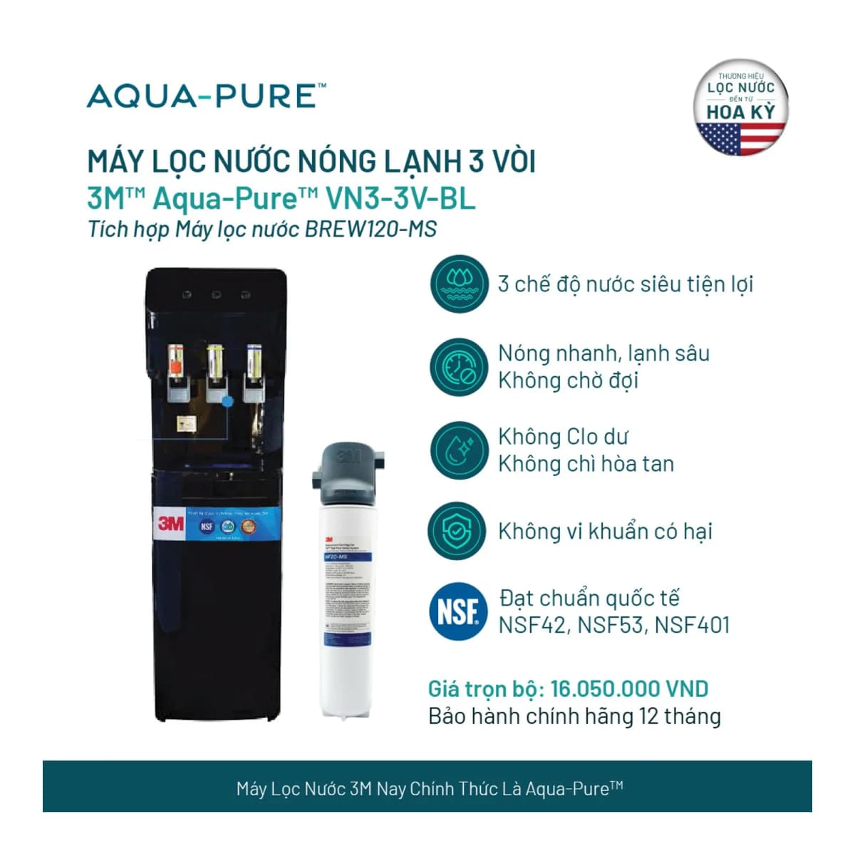 Cây Lọc Nước Nóng Lạnh VN3-3V-BL (Tích Hợp Máy Lọc Nước 3M BREW120-MS) chính hãng 3M Aqua-Pure