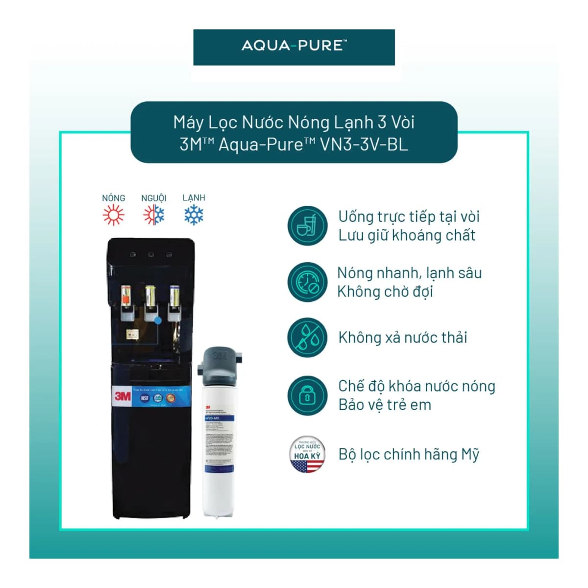 Cây Lọc Nước Nóng Lạnh VN3-3V-BL (Tích Hợp Máy Lọc Nước 3M BREW120-MS) chính hãng 3M Aqua-Pure