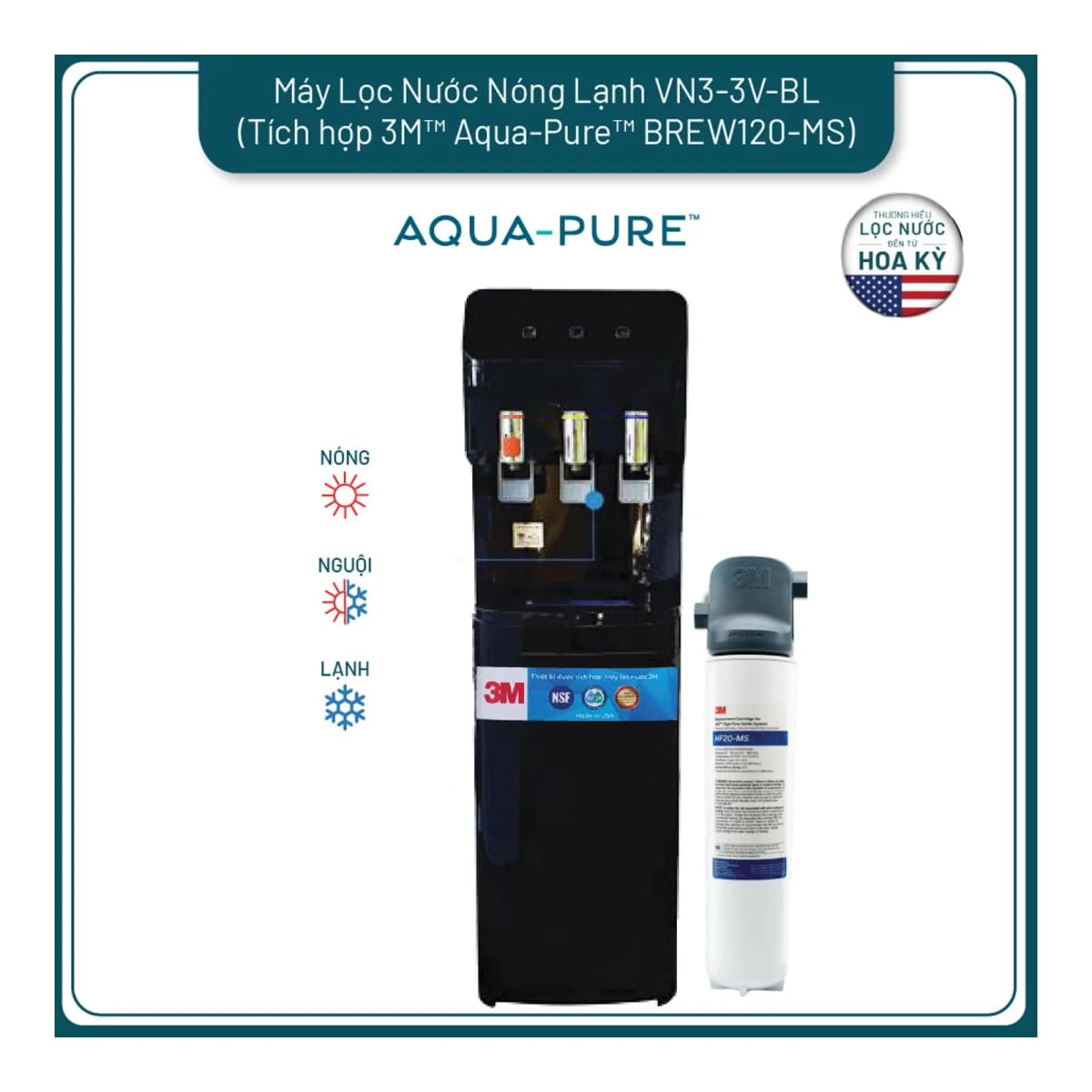 Cây Lọc Nước Nóng Lạnh VN3-3V-BL (Tích Hợp Máy Lọc Nước 3M BREW120-MS) chính hãng 3M Aqua-Pure