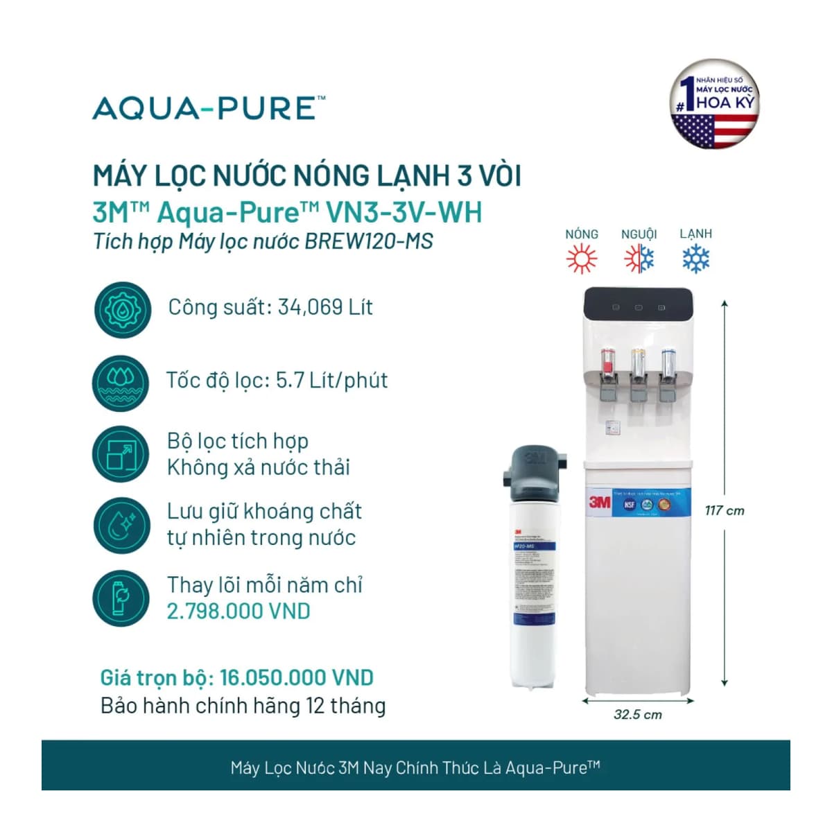 Cây Lọc Nước Nóng Lạnh VN3-3V-WH (Tích Hợp Máy Lọc Nước 3M™ Aqua-Pure™ BREW120-MS) chính hãng 3M Aqua-Pure
