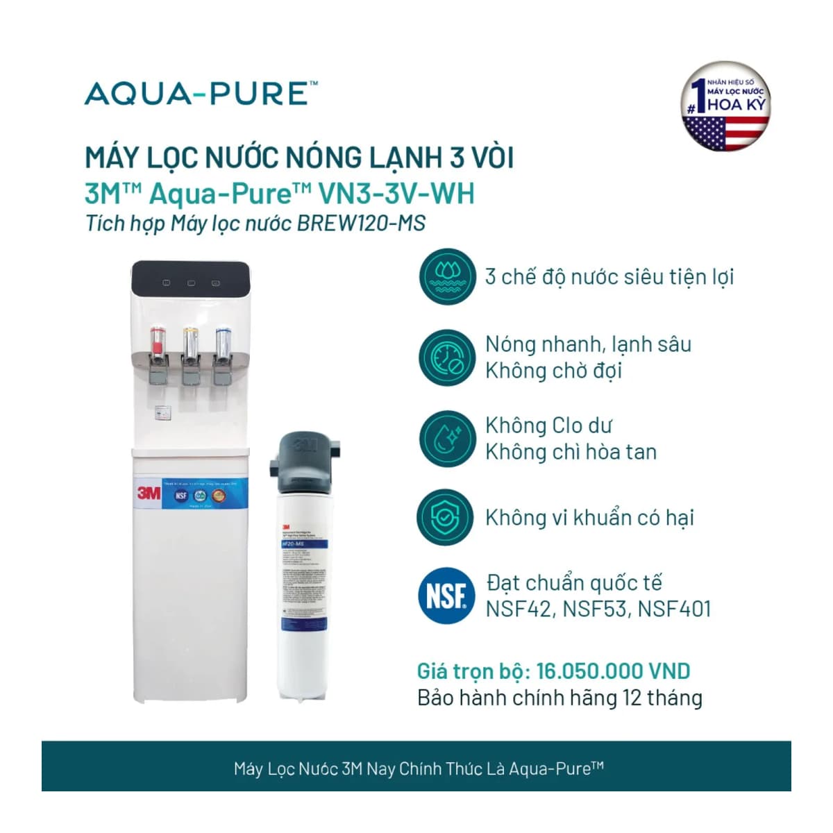 Cây Lọc Nước Nóng Lạnh VN3-3V-WH (Tích Hợp Máy Lọc Nước 3M™ Aqua-Pure™ BREW120-MS) chính hãng 3M Aqua-Pure