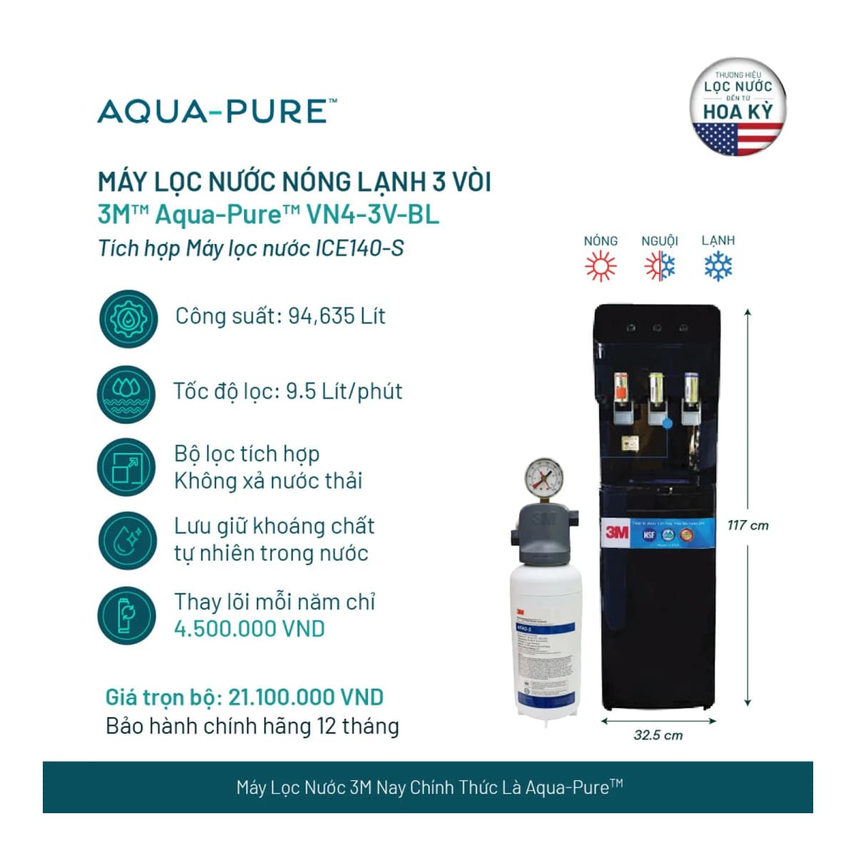 Cây Lọc Nước Nóng Lạnh VN4-3V-BL (Tích Hợp Máy Lọc Nước 3M™ Aqua-Pure™ ICE140-S) chính hãng 3M Aqua-Pure