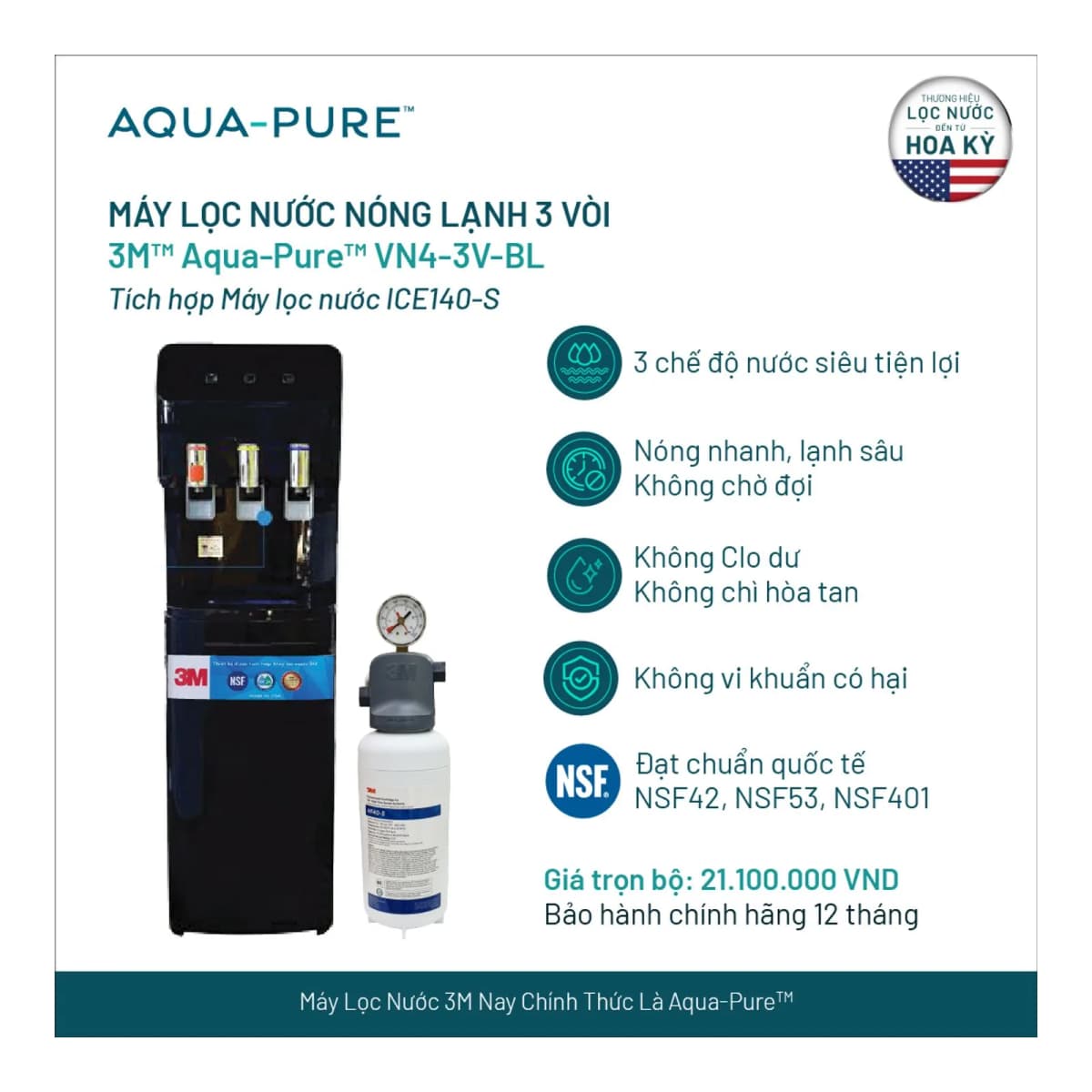 Cây Lọc Nước Nóng Lạnh VN4-3V-BL (Tích Hợp Máy Lọc Nước 3M™ Aqua-Pure™ ICE140-S) chính hãng 3M Aqua-Pure