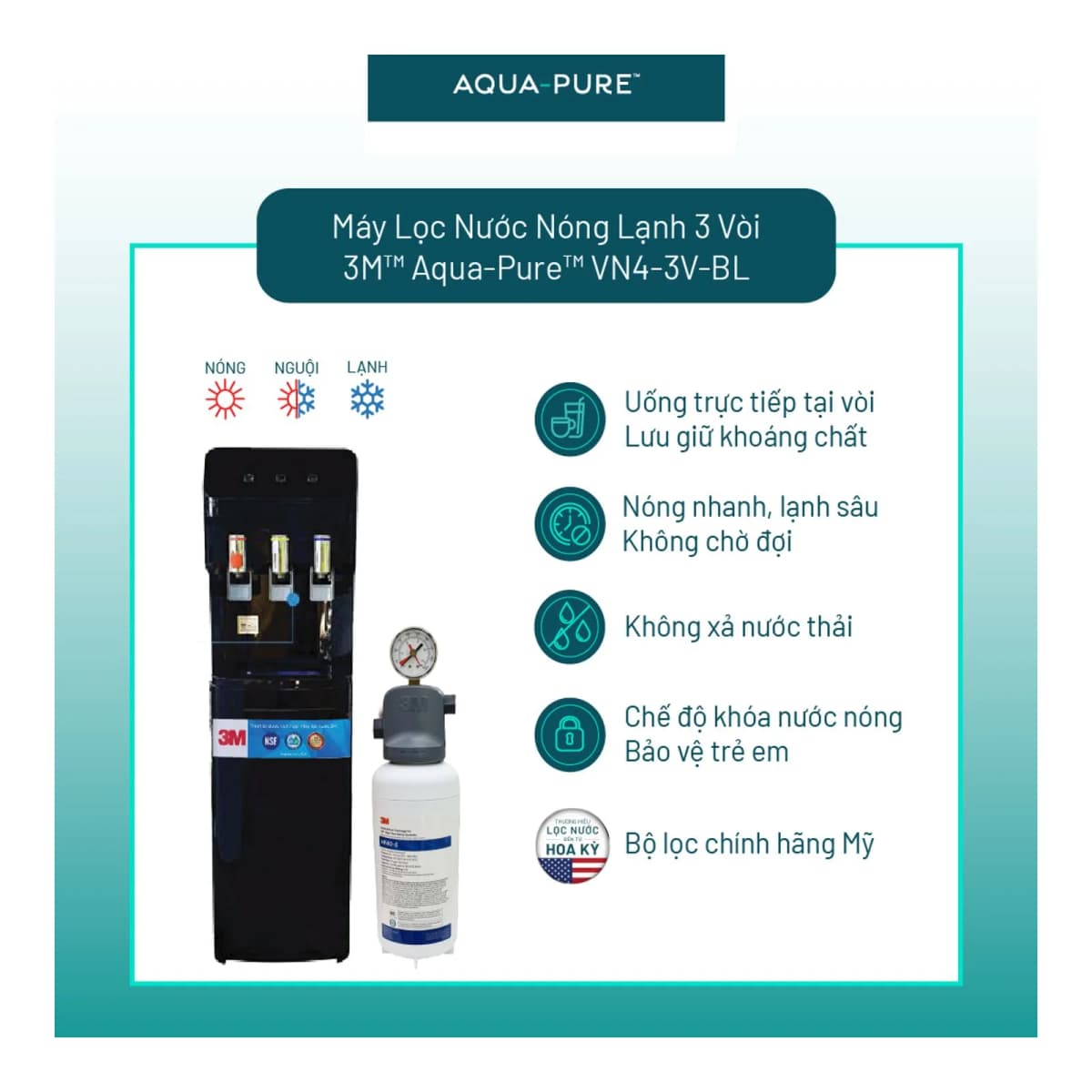 Cây Lọc Nước Nóng Lạnh VN4-3V-BL (Tích Hợp Máy Lọc Nước 3M™ Aqua-Pure™ ICE140-S) chính hãng 3M Aqua-Pure