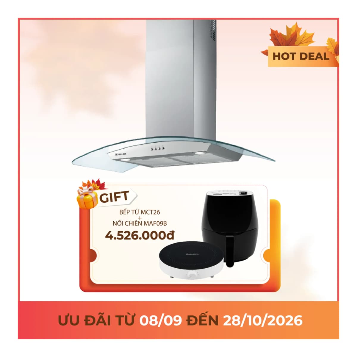Máy hút mùi áp tường dạng chữ t 90 cm chính hãng Malloca
