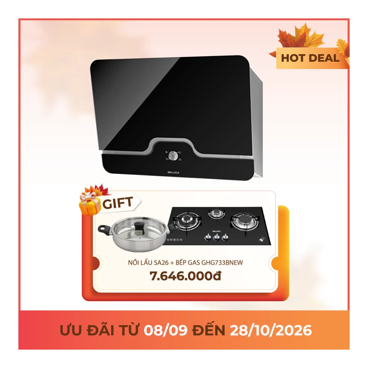 Máy hút mùi áp tường dạng nghiêng 80 cm chính hãng Malloca