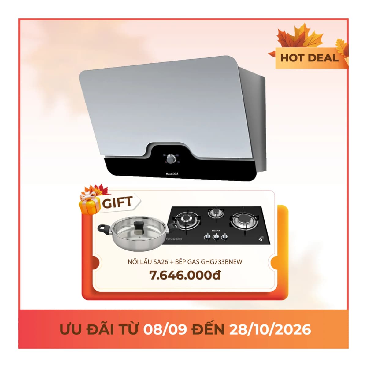 Máy hút mùi áp tường dạng nghiêng 80 cm chính hãng Malloca
