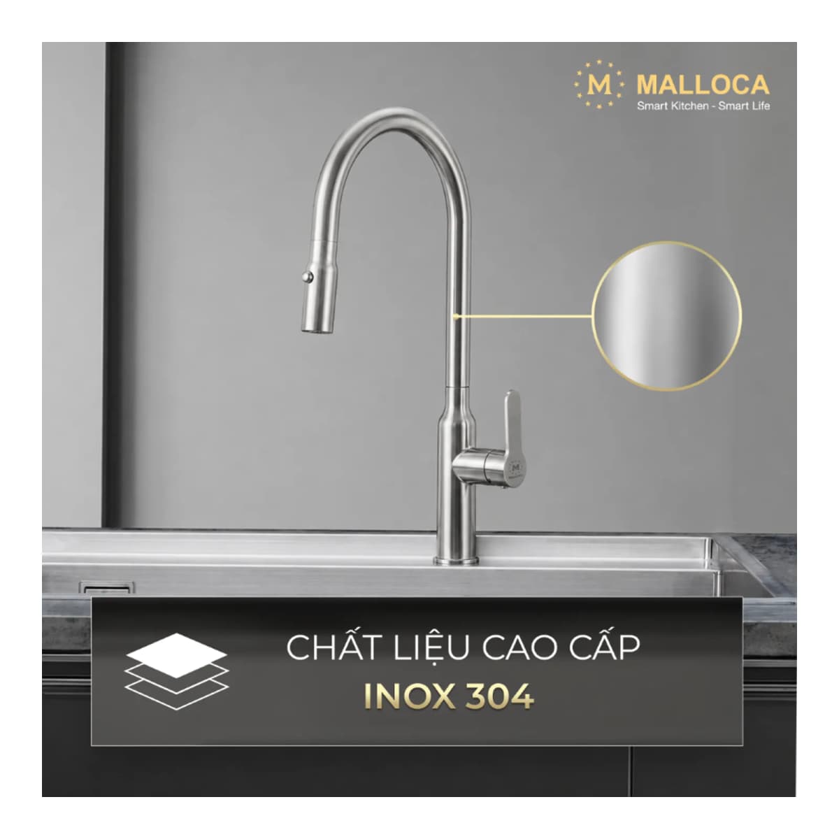 Vòi rửa chén nóng lạnh dây rút Inox 304 chính hãng Malloca
