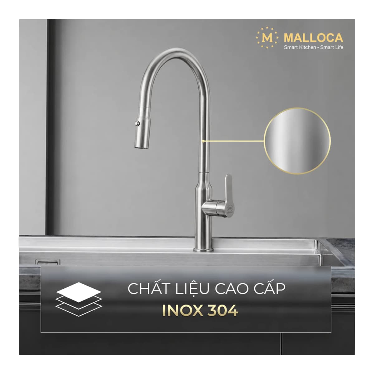 Vòi rửa chén nóng lạnh dây rút Inox 304 chính hãng Malloca