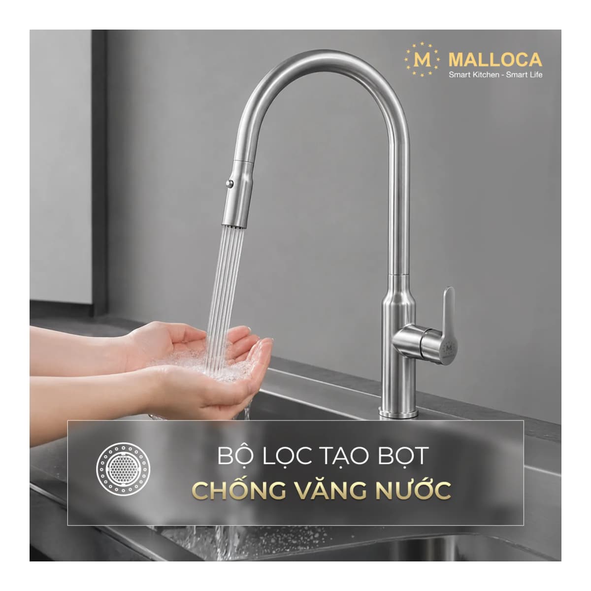 Vòi rửa chén nóng lạnh dây rút Inox 304 chính hãng Malloca