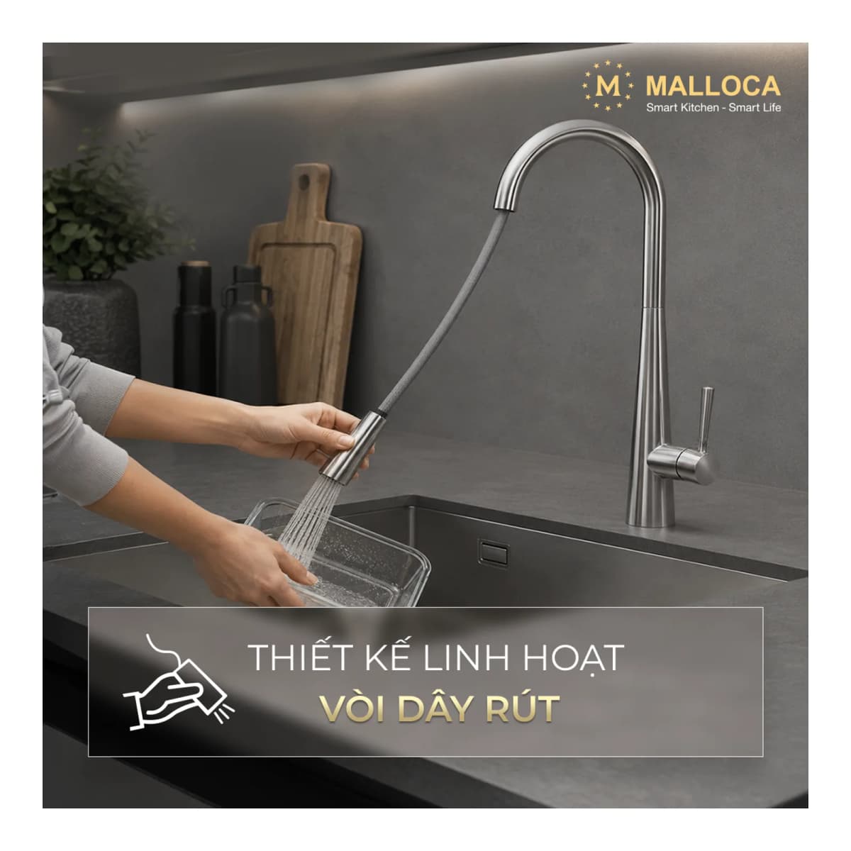 Vòi rửa chén nóng lạnh dây rút Inox 304 chính hãng Malloca