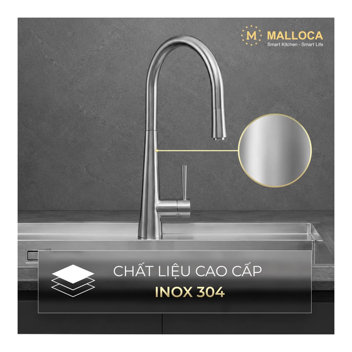 Vòi rửa chén nóng lạnh dây rút Inox 304 chính hãng Malloca