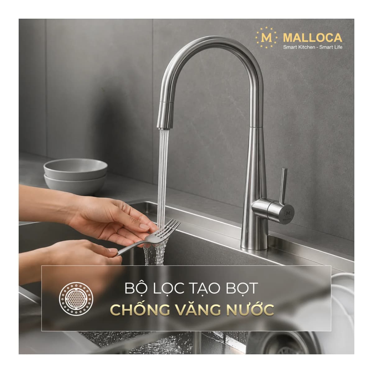 Vòi rửa chén nóng lạnh dây rút Inox 304 chính hãng Malloca