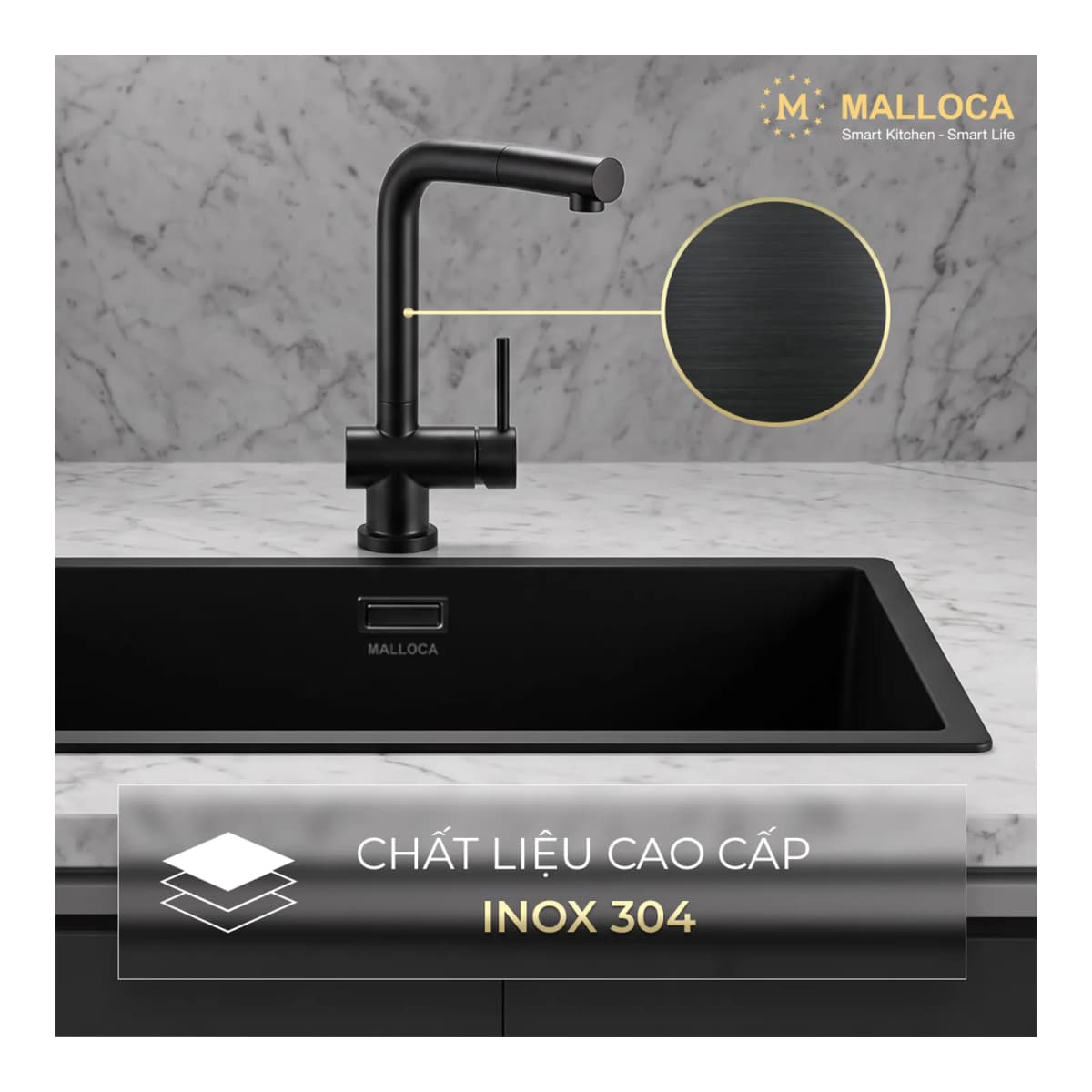 Vòi rửa chén nóng lạnh dây rút Inox 304 chính hãng Malloca