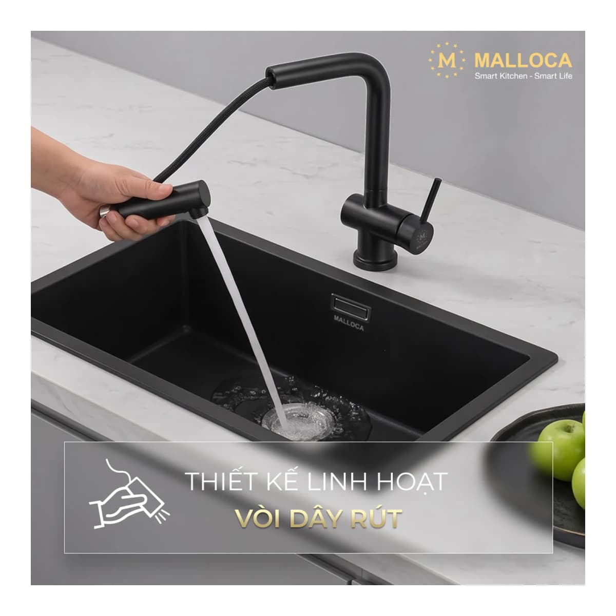 Vòi rửa chén nóng lạnh dây rút Inox 304 chính hãng Malloca