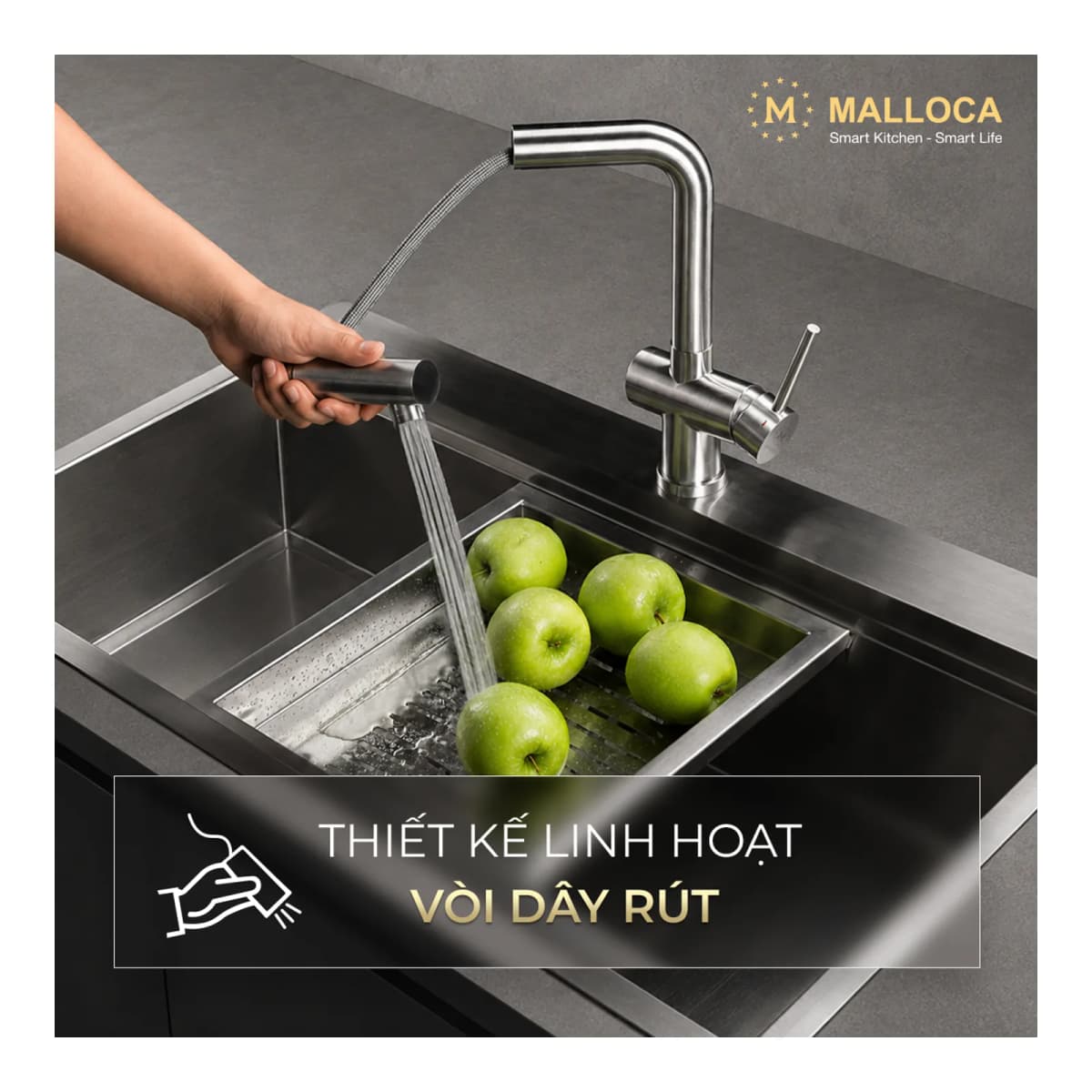 Vòi rửa chén nóng lạnh dây rút Inox 304 chính hãng Malloca