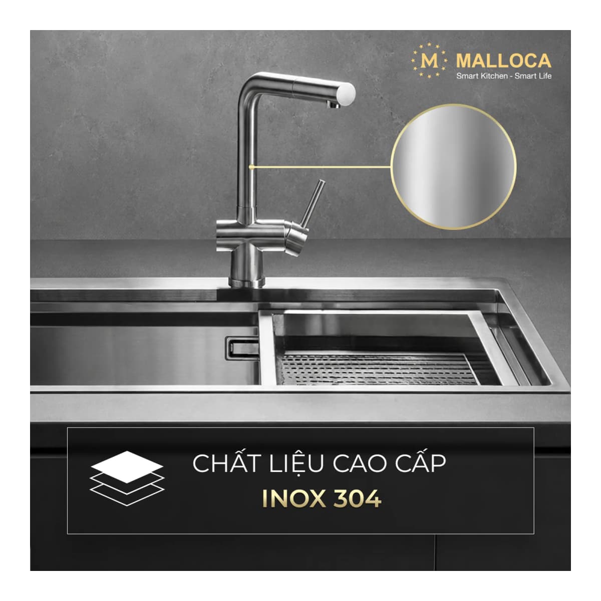 Vòi rửa chén nóng lạnh dây rút Inox 304 chính hãng Malloca