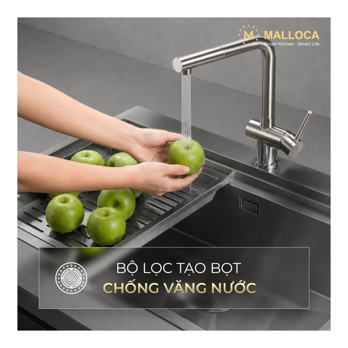 Vòi rửa chén nóng lạnh dây rút Inox 304 chính hãng Malloca
