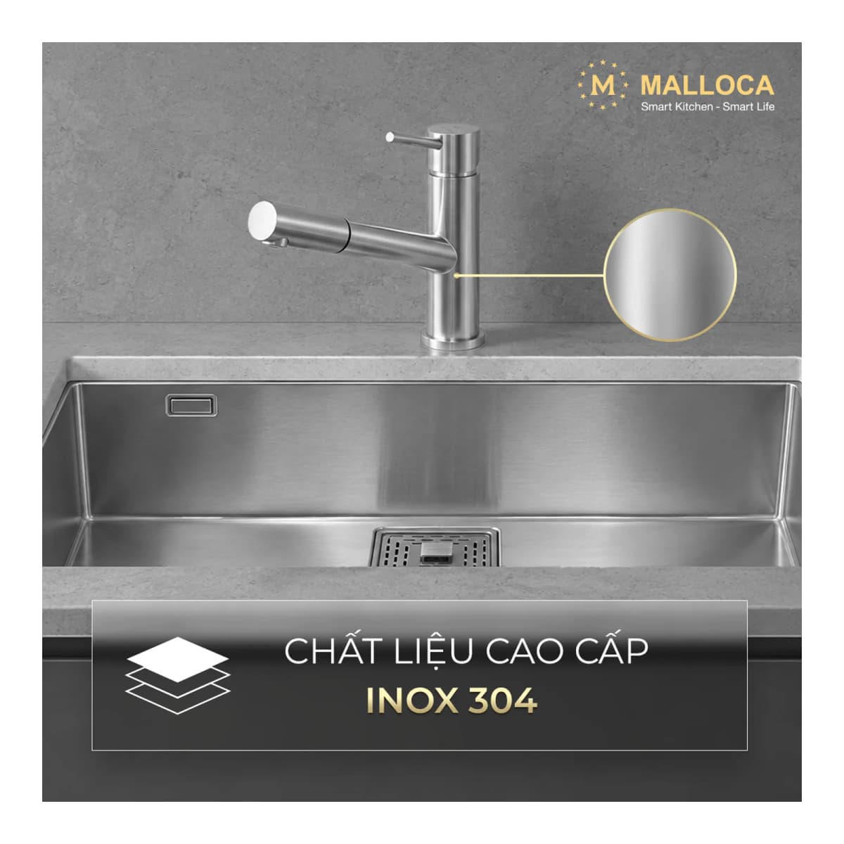 Vòi rửa chén nóng lạnh dây rút Inox 304 chính hãng Malloca