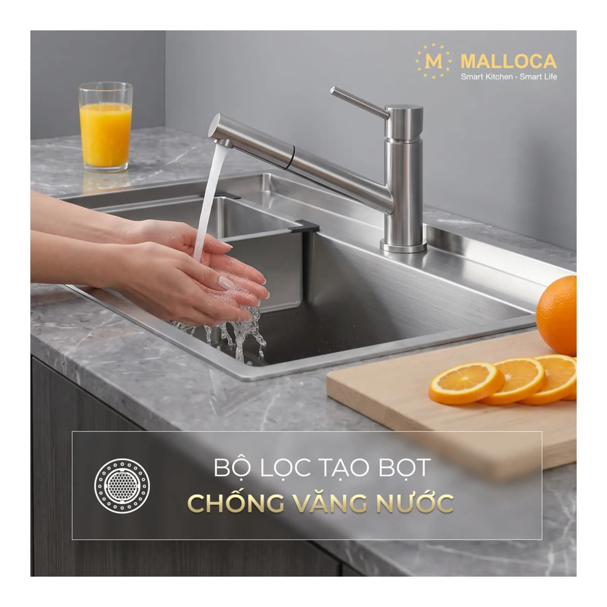 Vòi rửa chén nóng lạnh dây rút Inox 304 chính hãng Malloca