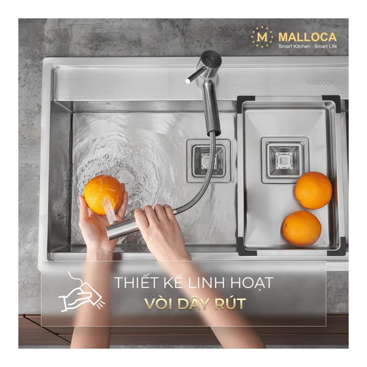 Vòi rửa chén nóng lạnh dây rút Inox 304 chính hãng Malloca