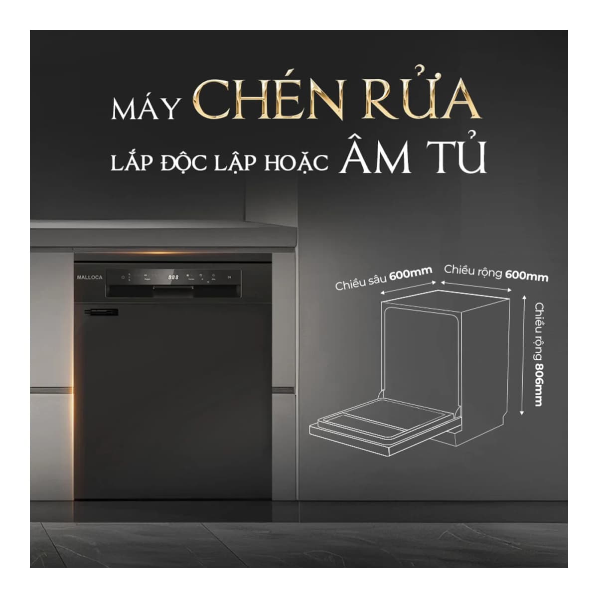 Máy rửa chén độc lập âm tủ 60 cm 15 bộ chén dĩa sấy khí nóng tuần hoàn chính hãng Malloca