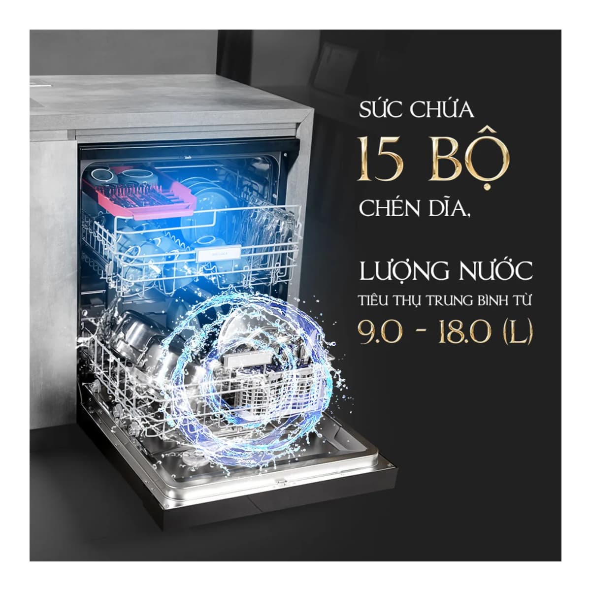 Máy rửa chén độc lập âm tủ 60 cm 15 bộ chén dĩa sấy khí nóng tuần hoàn chính hãng Malloca