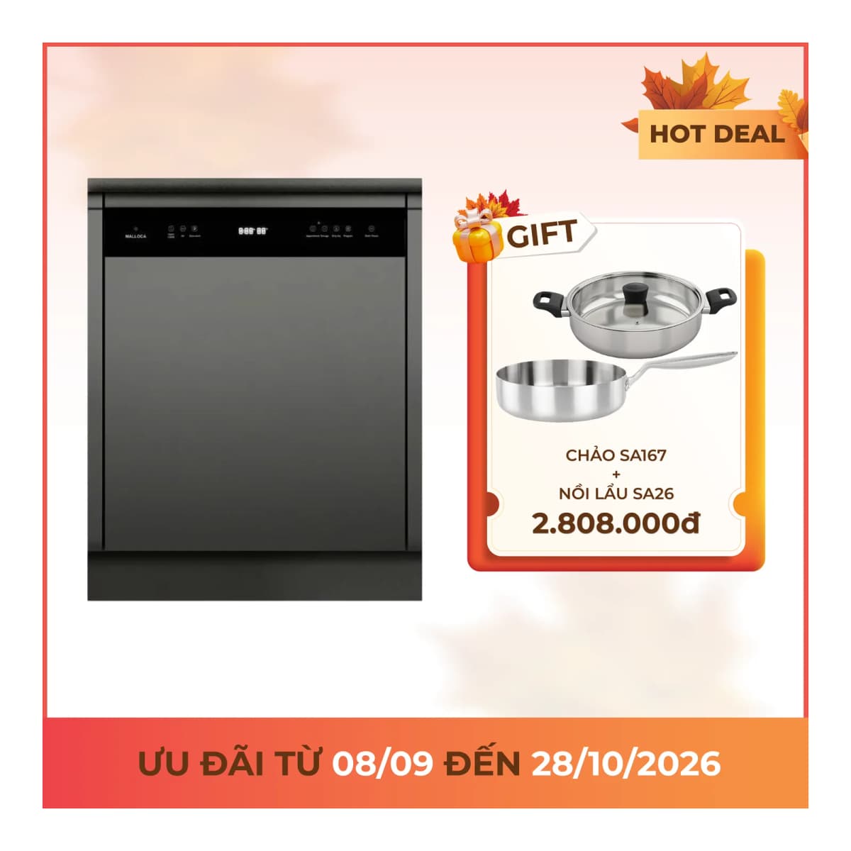 Máy Rửa Chén bán âm tủ 60 cm 15 Bộ chén dĩa sấy khí nóng tuần hoàn chính hãng Malloca