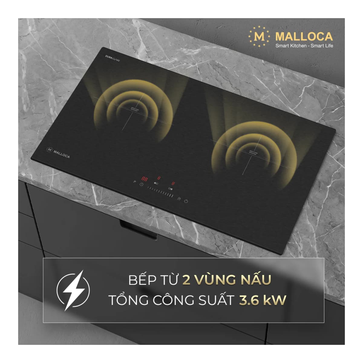 Bếp từ 2 vùng nấu 73 cm (Mặt kính DuraGlass chống trầy xước) chính hãng Malloca