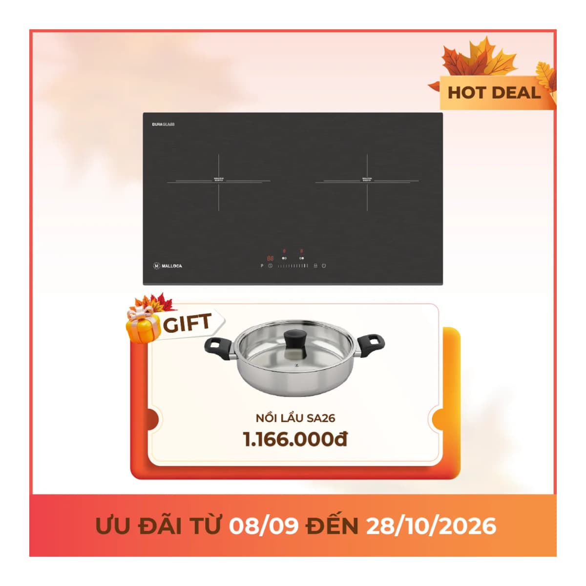 Bếp từ 2 vùng nấu 73 cm (Mặt kính DuraGlass chống trầy xước) chính hãng Malloca