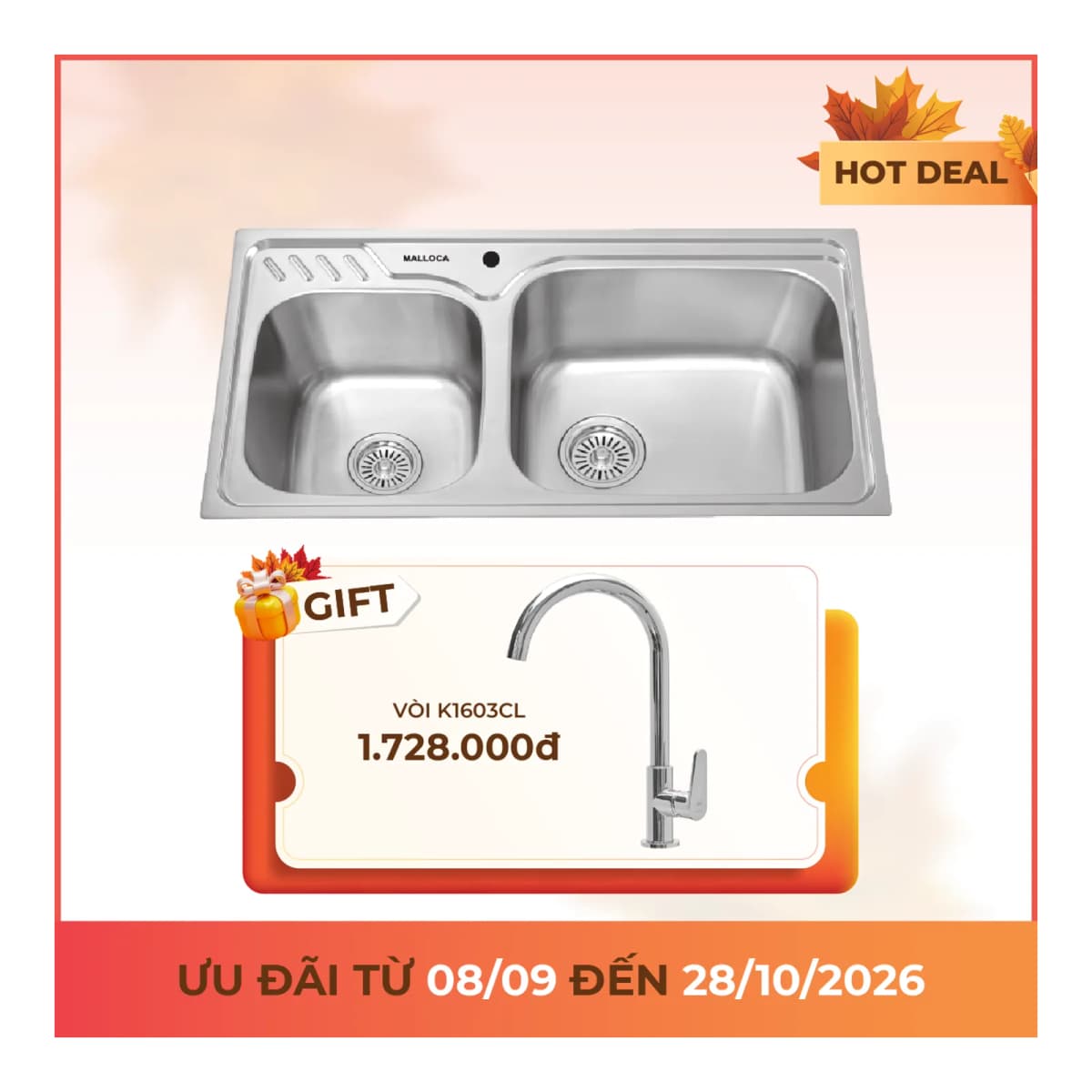Chậu rửa chén 2 hố Inox 304 kích thước 80 cm chính hãng Malloca