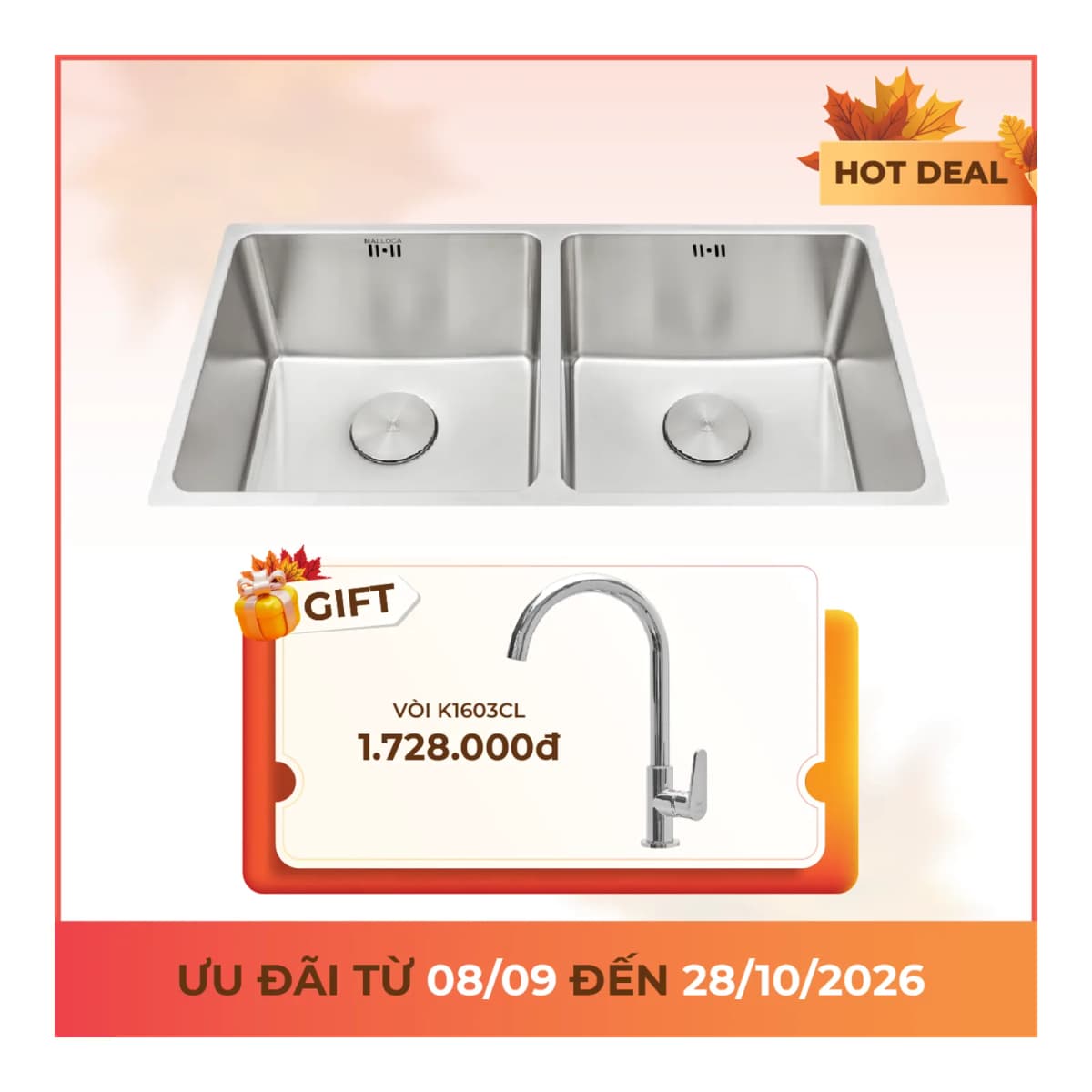 Chậu rửa chén 2 hố Inox 304 kích thước 75 cm chính hãng Malloca