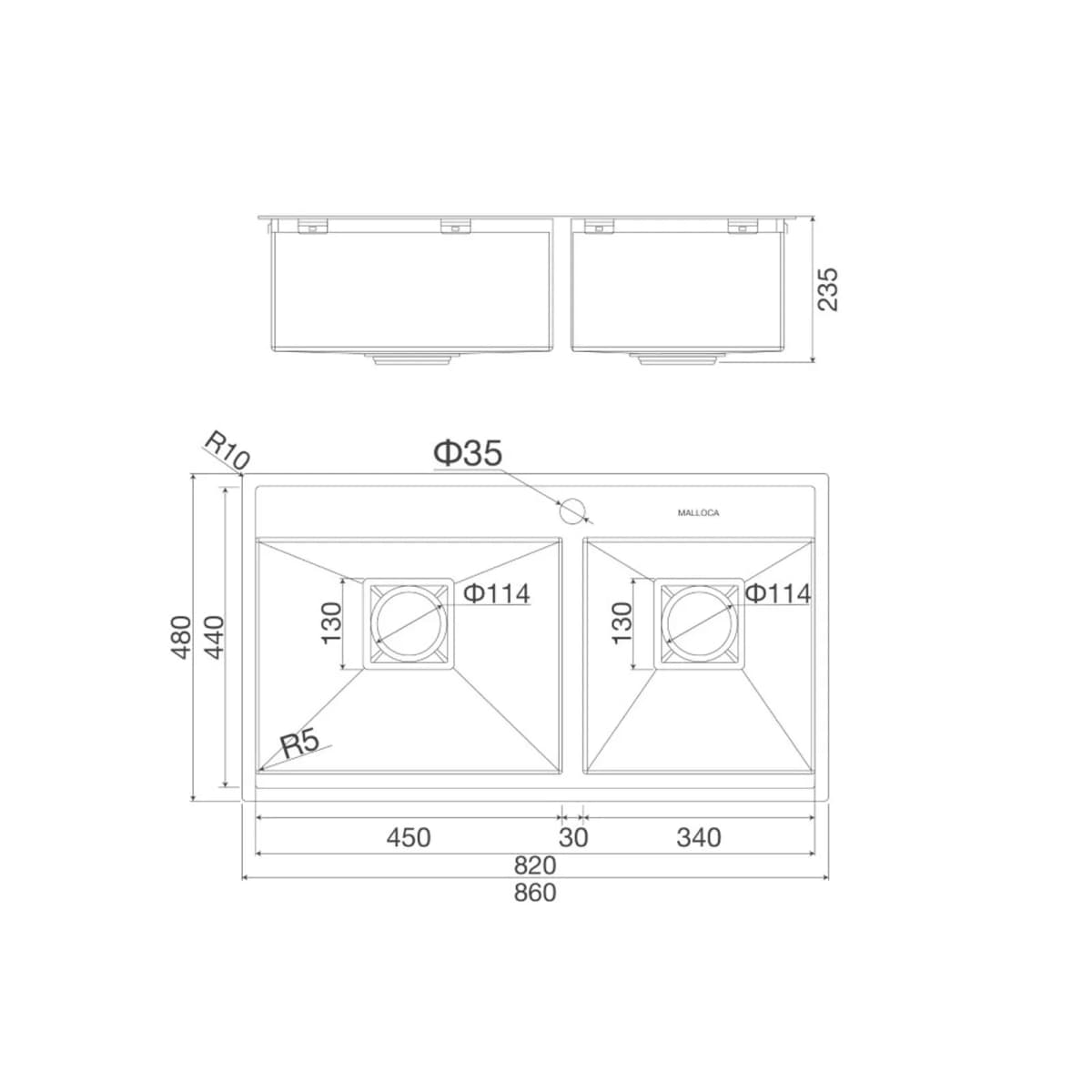 Chậu rửa chén 2 hố Inox 304 kích thước 86 cm chính hãng Malloca