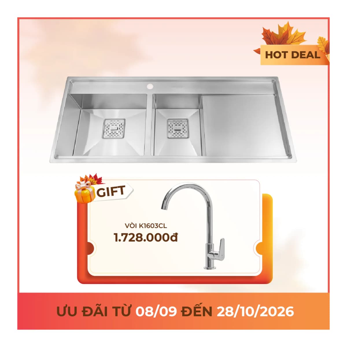 Chậu rửa chén 2 hố Inox 304 kích thước 116 cm chính hãng Malloca