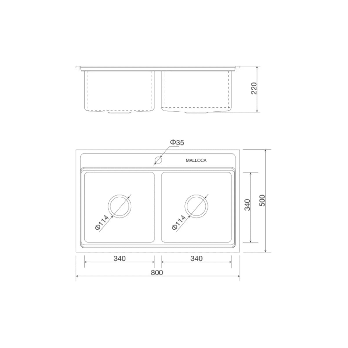 Chậu rửa chén 2 hố Inox 304 kích thước 80 cm chính hãng Malloca