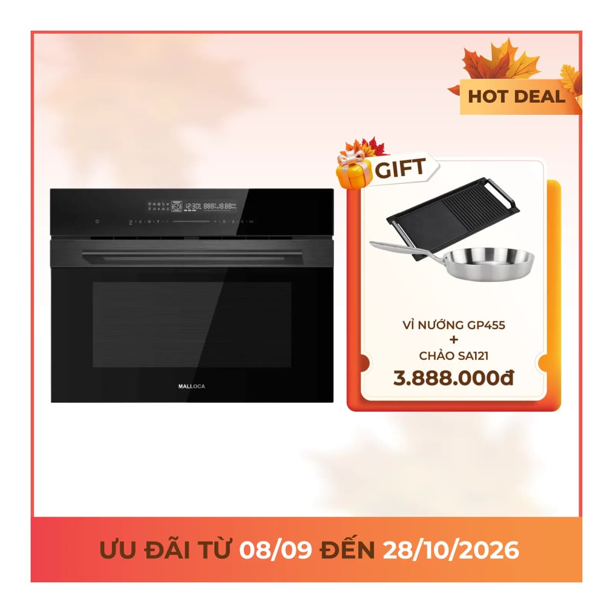 Lò nướng kết hợp vi sóng âm tủ 45 cm dung tích 50L chính hãng Malloca